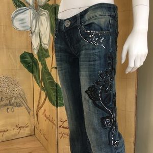 Embellished rhinestone beaded embroidered jeans
